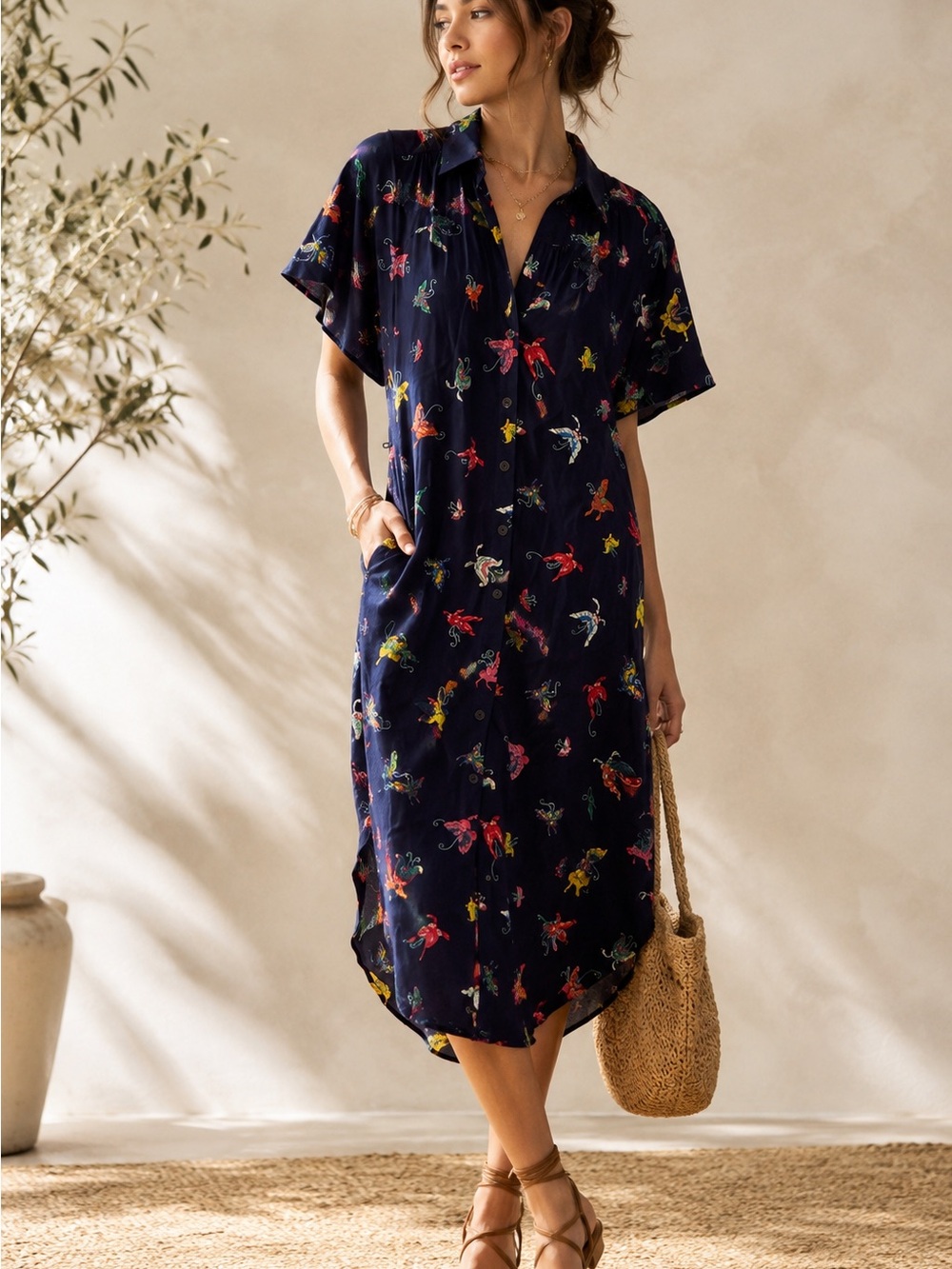 Navy Anthropologie Button-Down Shirt Dress